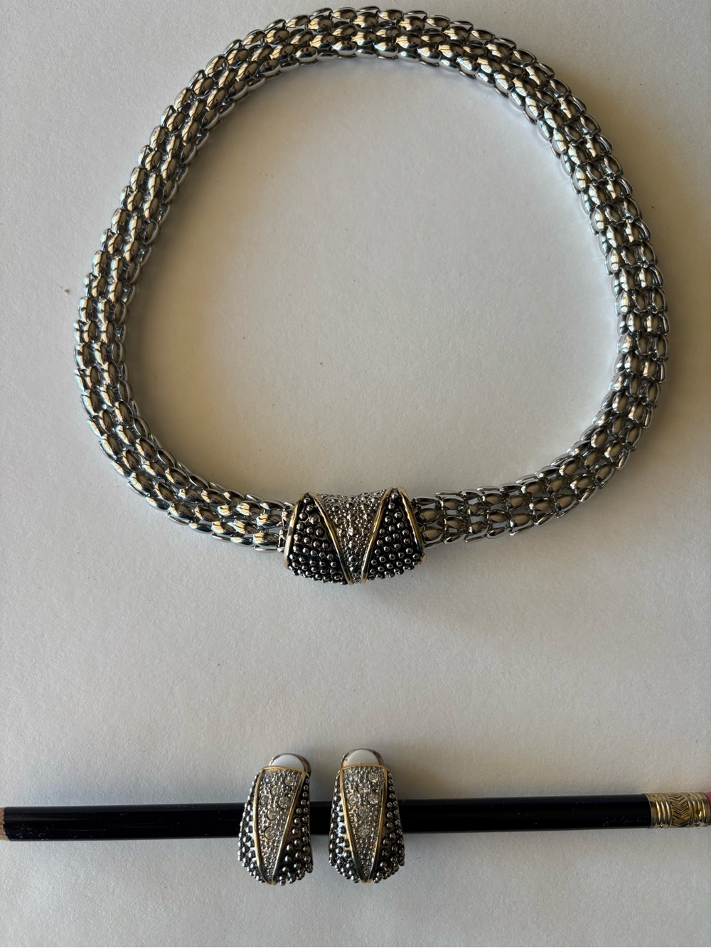 Silver/Gold-Tone Pave Crystal Choker Necklace and Earring Set